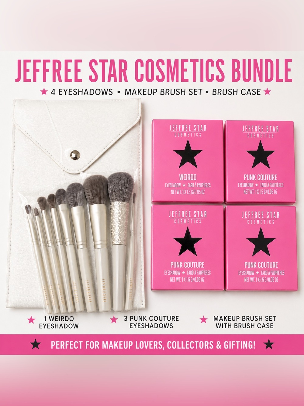 JEFFREE STAR COSMETICS BUNDLE - 4 eye shadows and makeup brushes